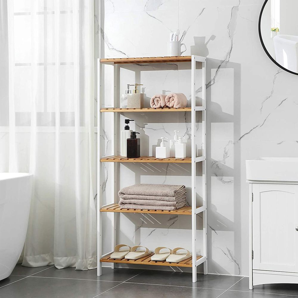 Bamboe Wandrek met Verstelbare Planken – Staand Opbergrek – voor Badkamer, Keuken & Woonkamer