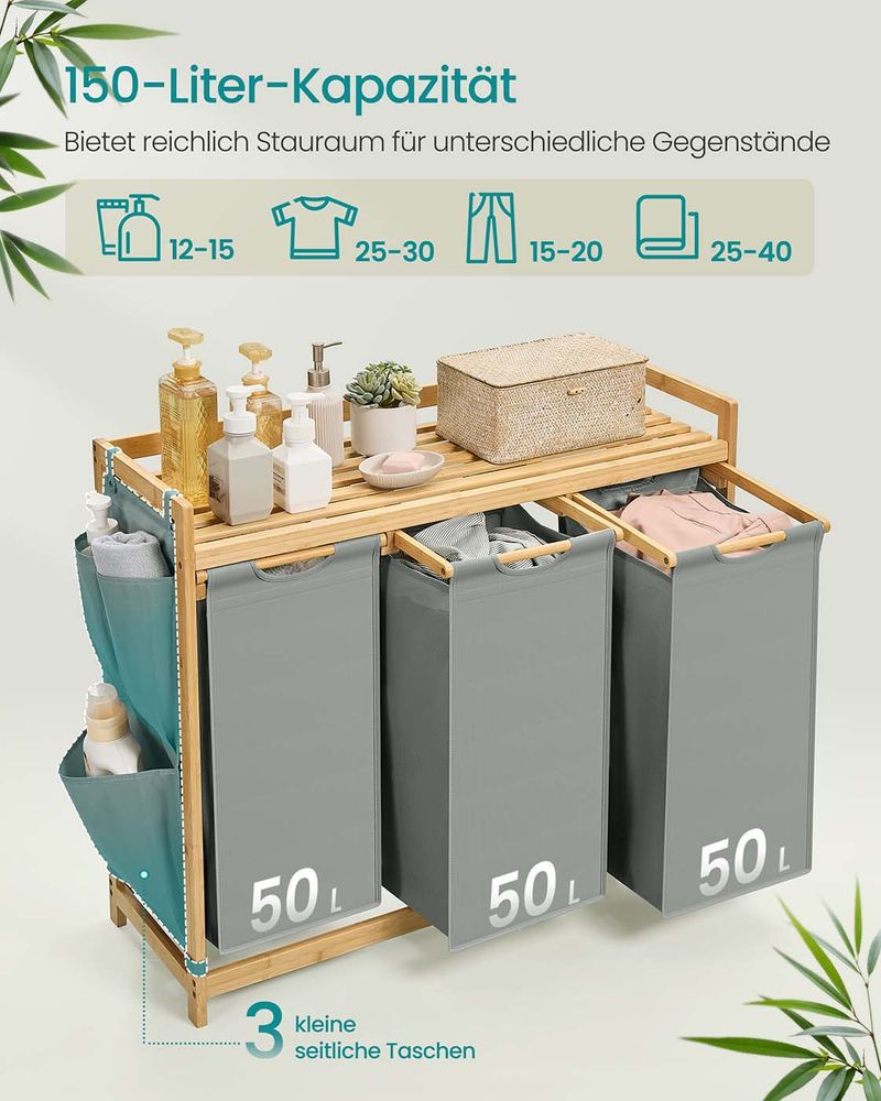 Bamboe Wasmand met 3 Vakken - 150 Liter
