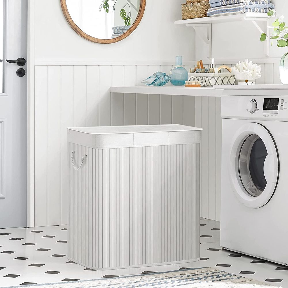 Bamboe Wasmand met Deksel en 3 Vakken - 150 Liter