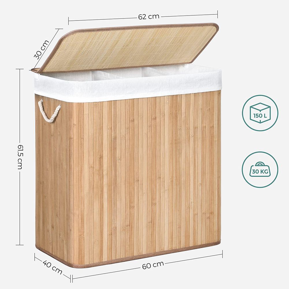 Bamboe Wasmand met Deksel en 3 Vakken - 150 Liter