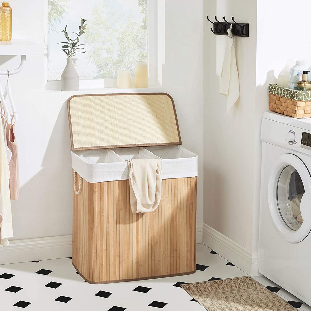 Bamboe Wasmand met Deksel en 3 Vakken - 150 Liter