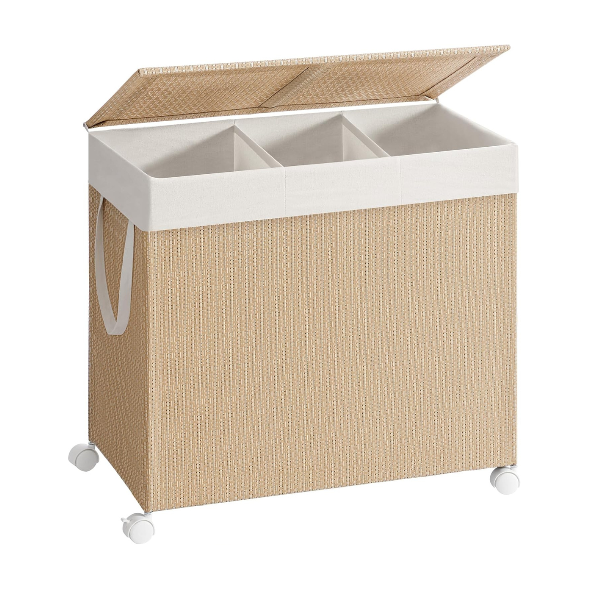 Wasmand met 3 Compartimenten – 140 L – Met Wielen, Deksel en Uitneembare Waszak – Rotan Look – Natuurlijk Beige