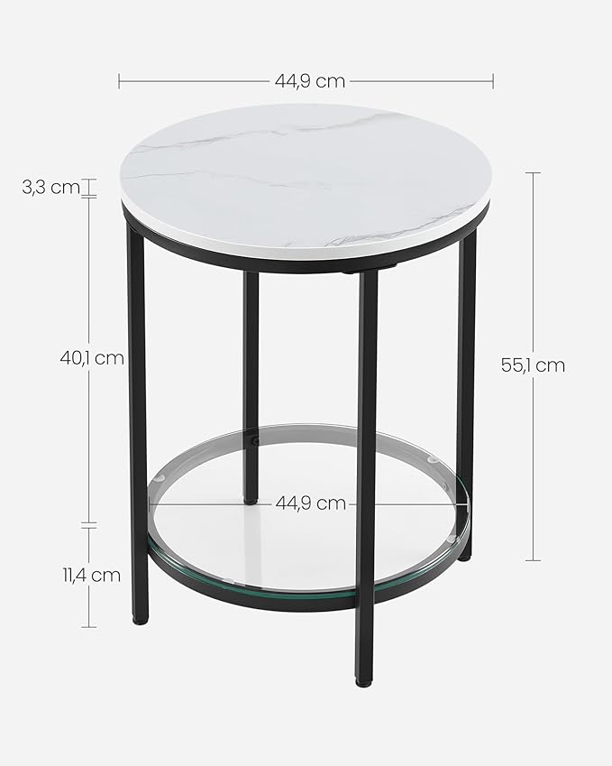 Bijzettafel Marmerlook - Nachtkastje met 2 niveaus - Gehard glas - Woonkamer - Slaapkamer