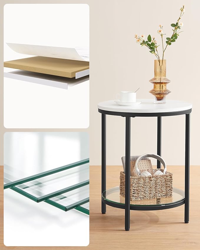 Bijzettafel Marmerlook - Nachtkastje met 2 niveaus - Gehard glas - Woonkamer - Slaapkamer