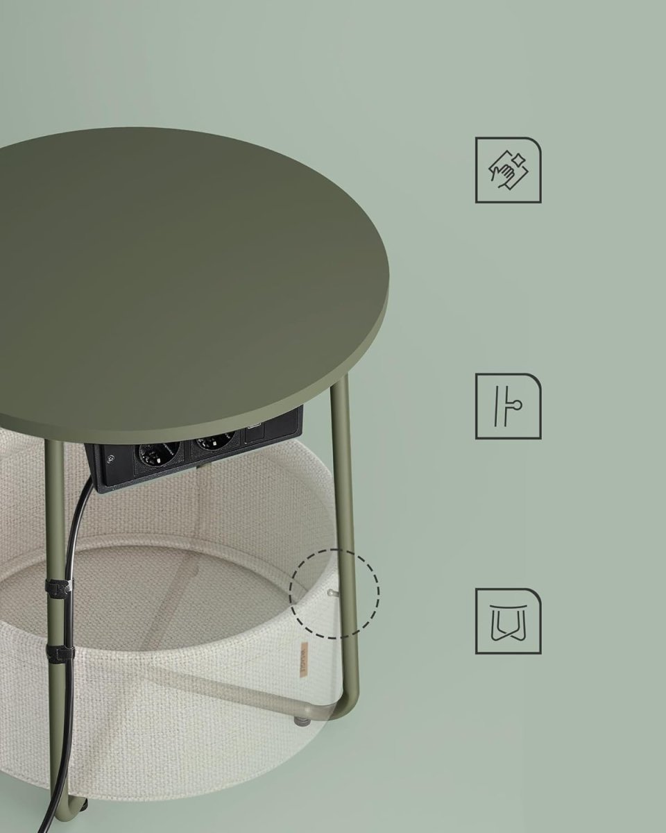 Bijzettafel met Stopcontact & USB – Met Mandje – Rond Modern Tafeltje met Oplaadstation voor Woonkamer & Slaapkamer