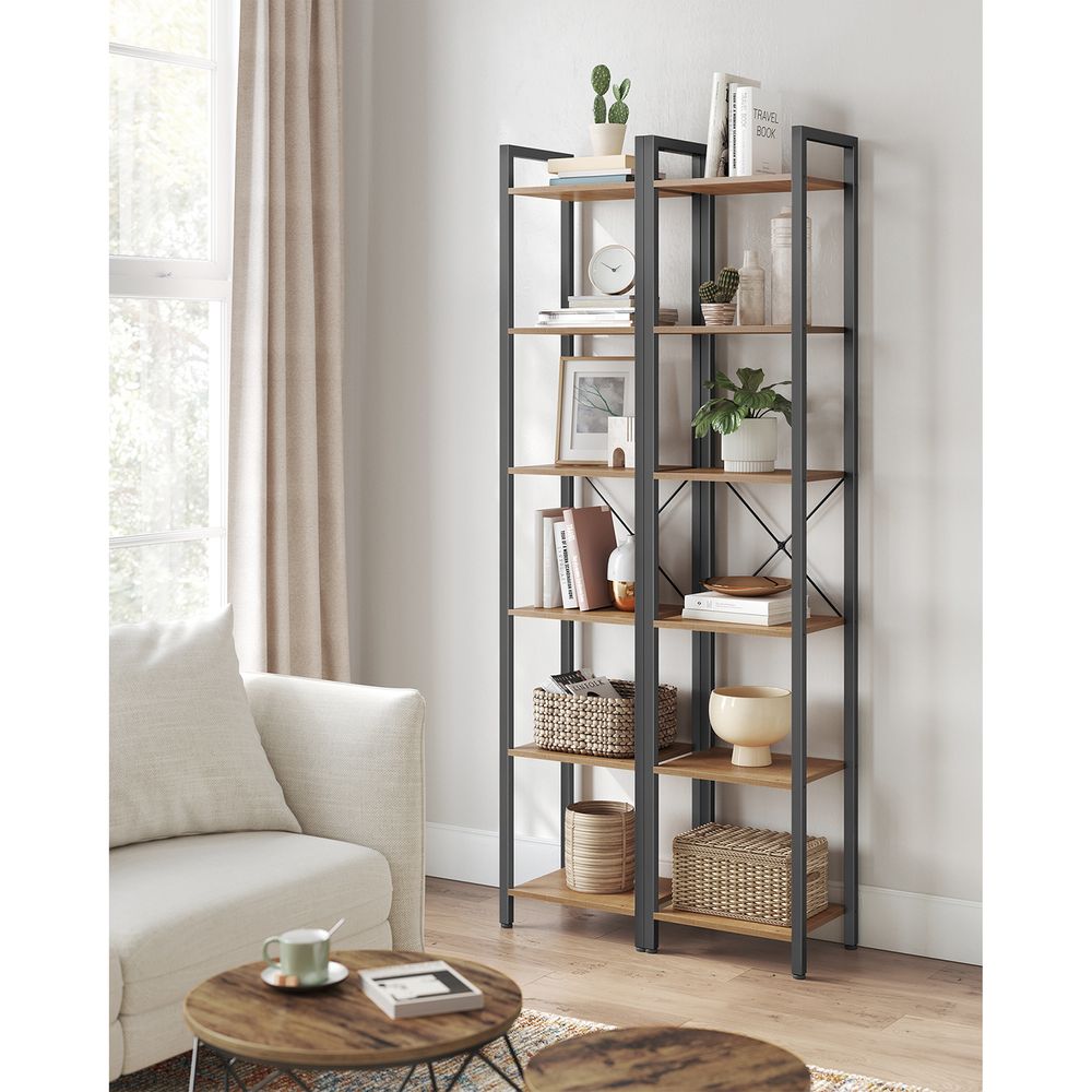 Boekenkast Industrieel – 6 Niveaus – Smal 40 cm – Zwart Metalen Frame met Houtlook – voor Woonkamer & Kantoor