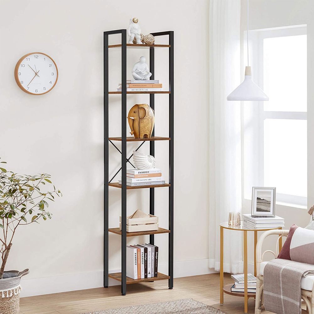 Boekenkast Industrieel – 6 Niveaus – Smal 40 cm – Zwart Metalen Frame met Houtlook – voor Woonkamer & Kantoor