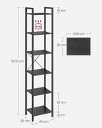 Boekenkast Industrieel – 6 Niveaus – Smal 40 cm – Zwart Metalen Frame met Houtlook – voor Woonkamer & Kantoor