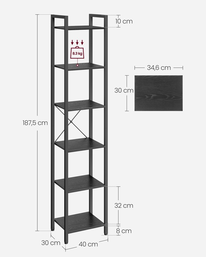 Boekenkast Industrieel – 6 Niveaus – Smal 40 cm – Zwart Metalen Frame met Houtlook – voor Woonkamer & Kantoor