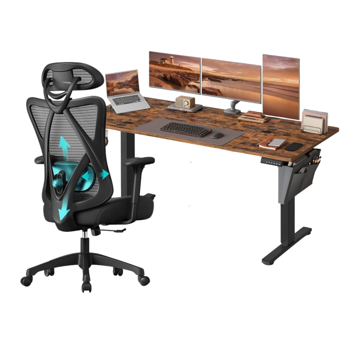 Zit Sta Bureau Elektrisch + Ergonomische Bureaustoel – Complete Werkplekset – USB-C Snellader