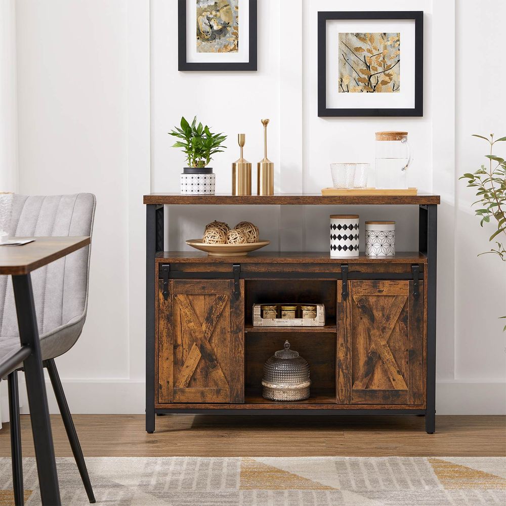 Dressoir met Schuifdeuren - Kast 100 cm breed - Vintage Bruin & Zwart