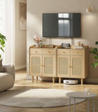 Dressoir - Stijlvolle Opbergkast met Rotan & Massief Houten Poten