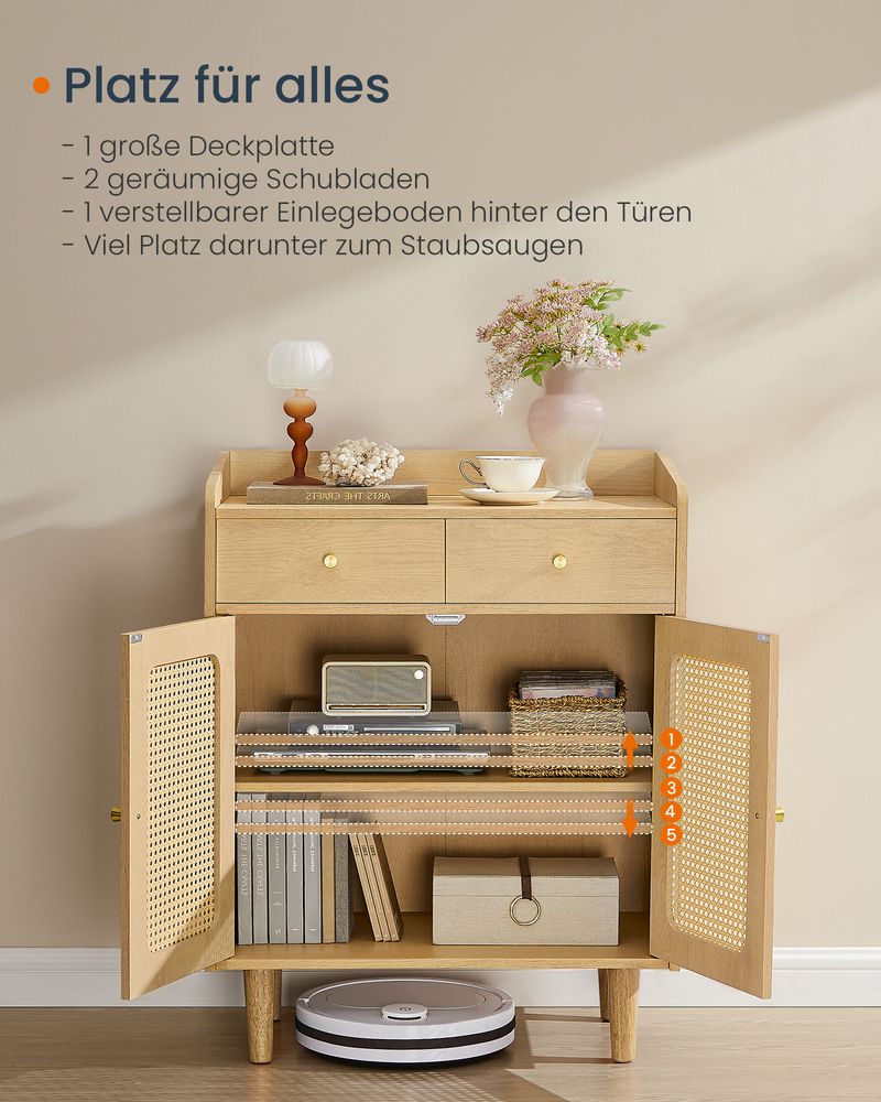 Dressoir - Stijlvolle Opbergkast met Rotan & Massief Houten Poten
