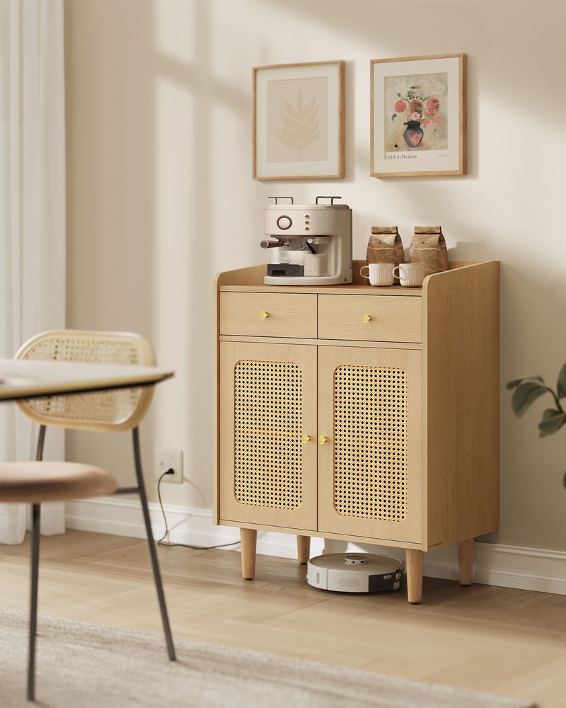 Dressoir - Stijlvolle Opbergkast met Rotan & Massief Houten Poten