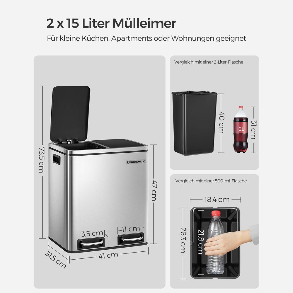Dubbele Pedaalemmer 2 x 15 L – Afvalscheiding met Softclose – RVS Prullenbak met Binnenemmers