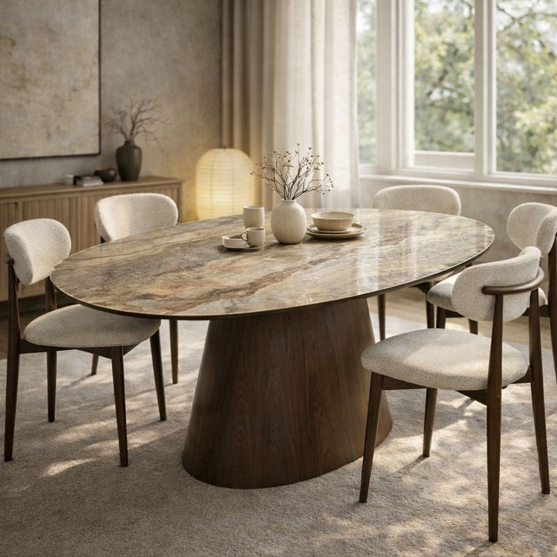 Danish Eettafel – Keramiek Onyx / Walnootfineer – 220 x 100 x 76 cm – Modern Design – Tijdloze Harmonie