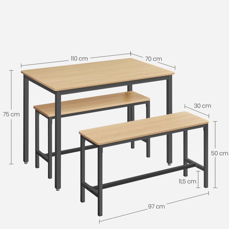 Eettafelset – Eettafel 110 cm + 2 Bankjes – Industrieel Hout & Metaal – Ruimtebesparende Keukenset