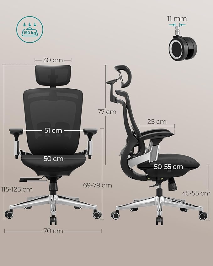 Ergonomische Bureaustoel Ergo Elite 2.0 – Compleet Verstelbaar – 6-delige TPR-Lendensteun – Tot 150 kg