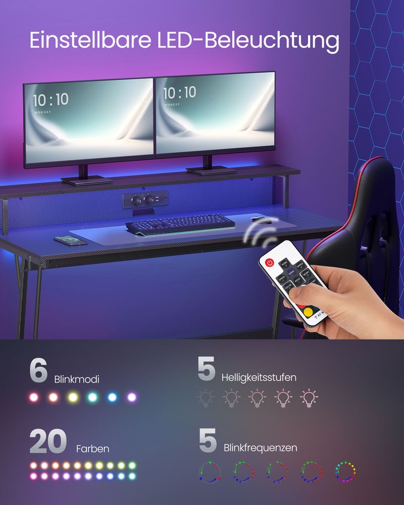 Gamebureau met LED - Gaming Tafel met Stopcontact en USB-aansluiting