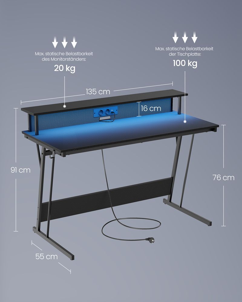 Gamebureau met LED - Gaming Tafel met Stopcontact en USB-aansluiting