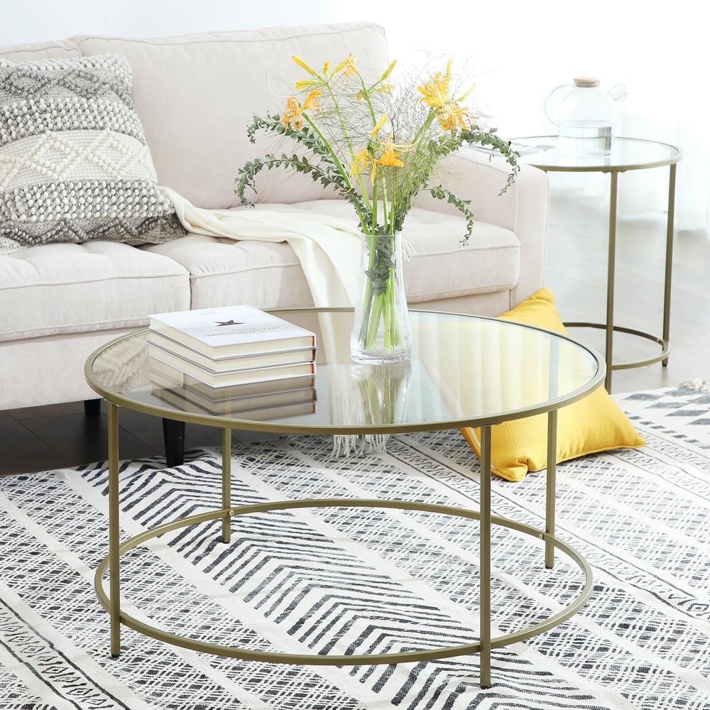 Ronde Salontafel Goud met Glazen Blad – Gehard Glas – Modern Retro Bijzettafel voor Woonkamer