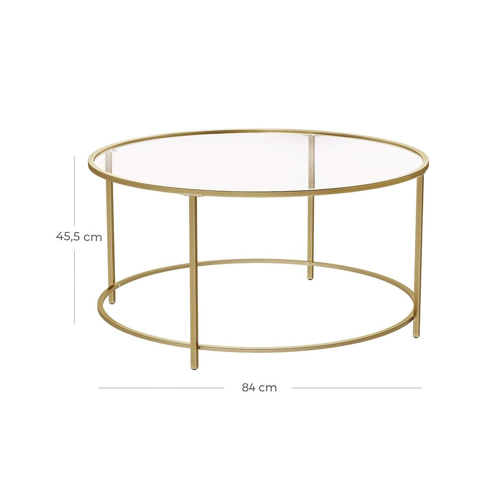 Ronde Salontafel Goud met Glazen Blad – Gehard Glas – Modern Retro Bijzettafel voor Woonkamer