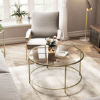 Ronde Salontafel Goud met Glazen Blad – Gehard Glas – Modern Retro Bijzettafel voor Woonkamer
