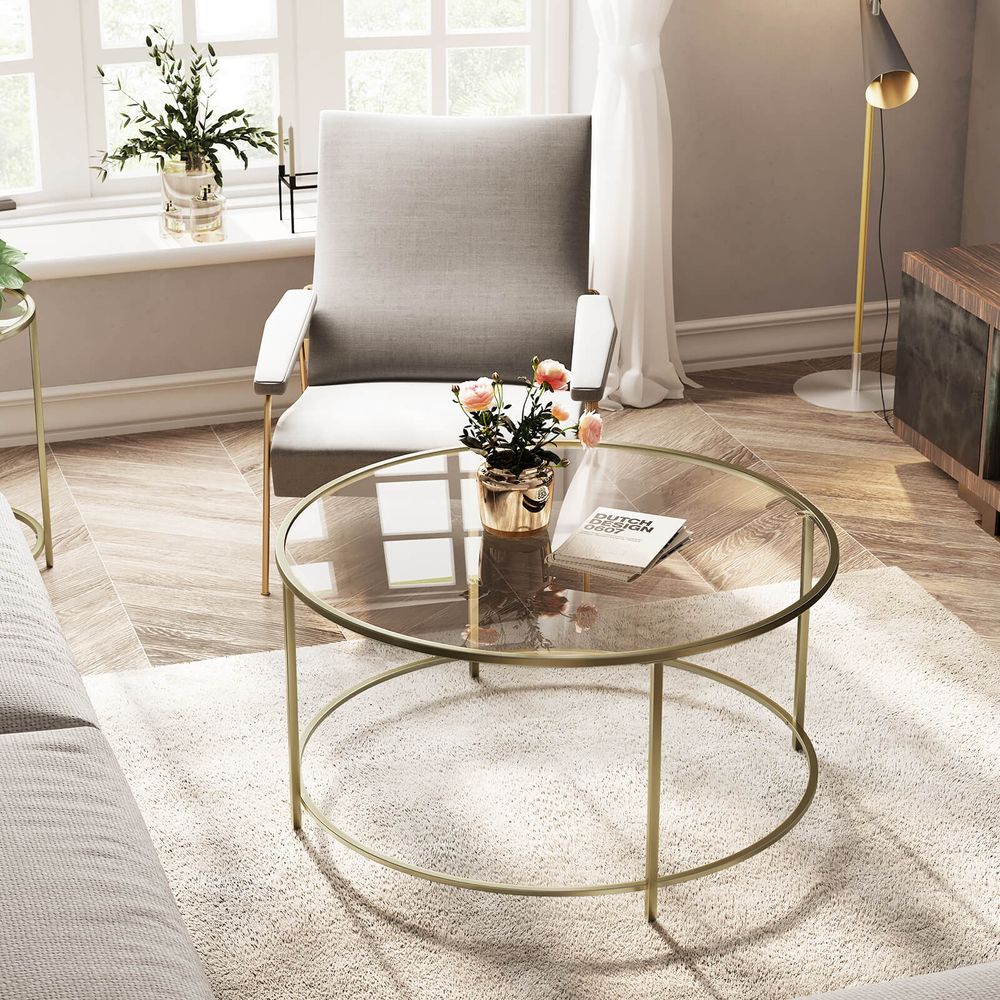 Ronde Salontafel Goud met Glazen Blad – Gehard Glas – Modern Retro Bijzettafel voor Woonkamer