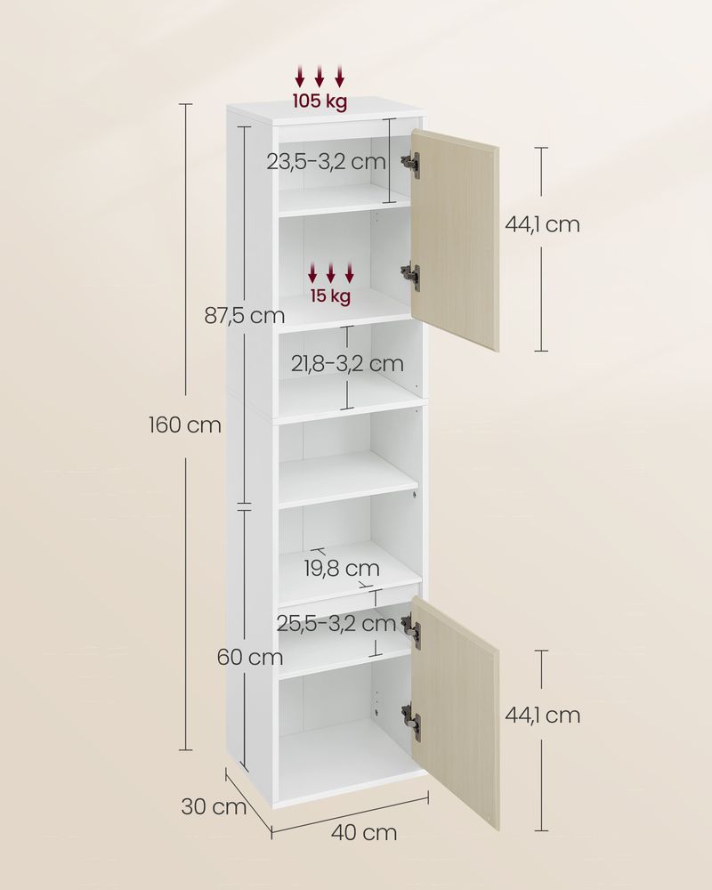 Hangende Badkamerkast – Wit & Natuurlijk Beige – 30 x 40 x 160 cm