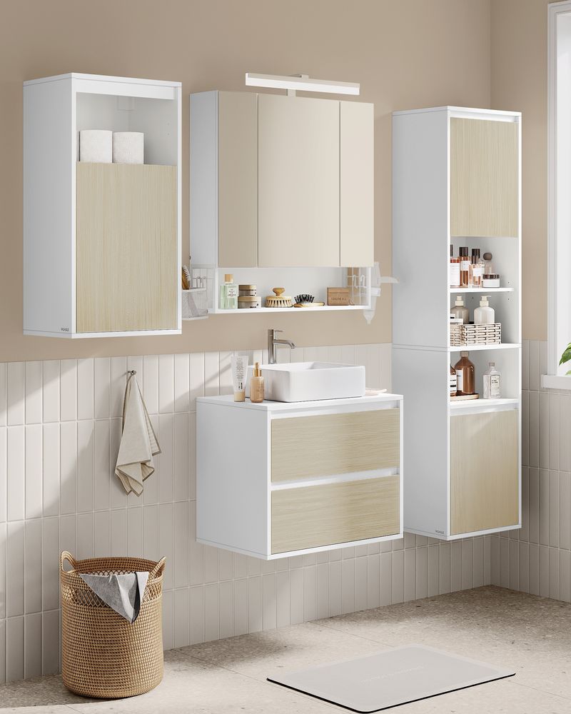 Hangende Badkamerkast – Wit & Natuurlijk Beige – 30 x 40 x 160 cm