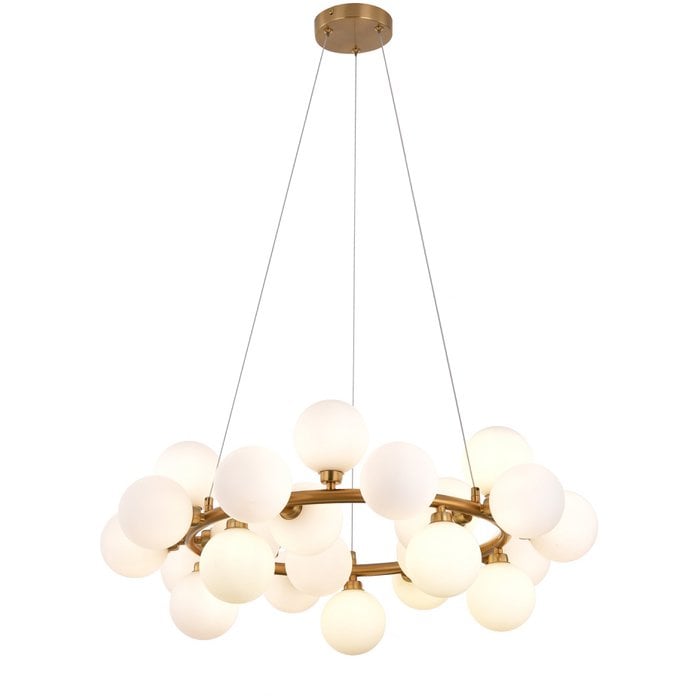 Hanglamp met Witte Glazen Kelken – Moderne Designlamp – Gouden Messing Frame