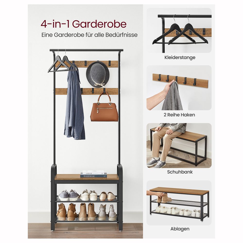 Kapstok met Schoenenrek & Zitbank – Industrieel Hout & Metaal – 9 Haken + Kledingroede – Halmeubel