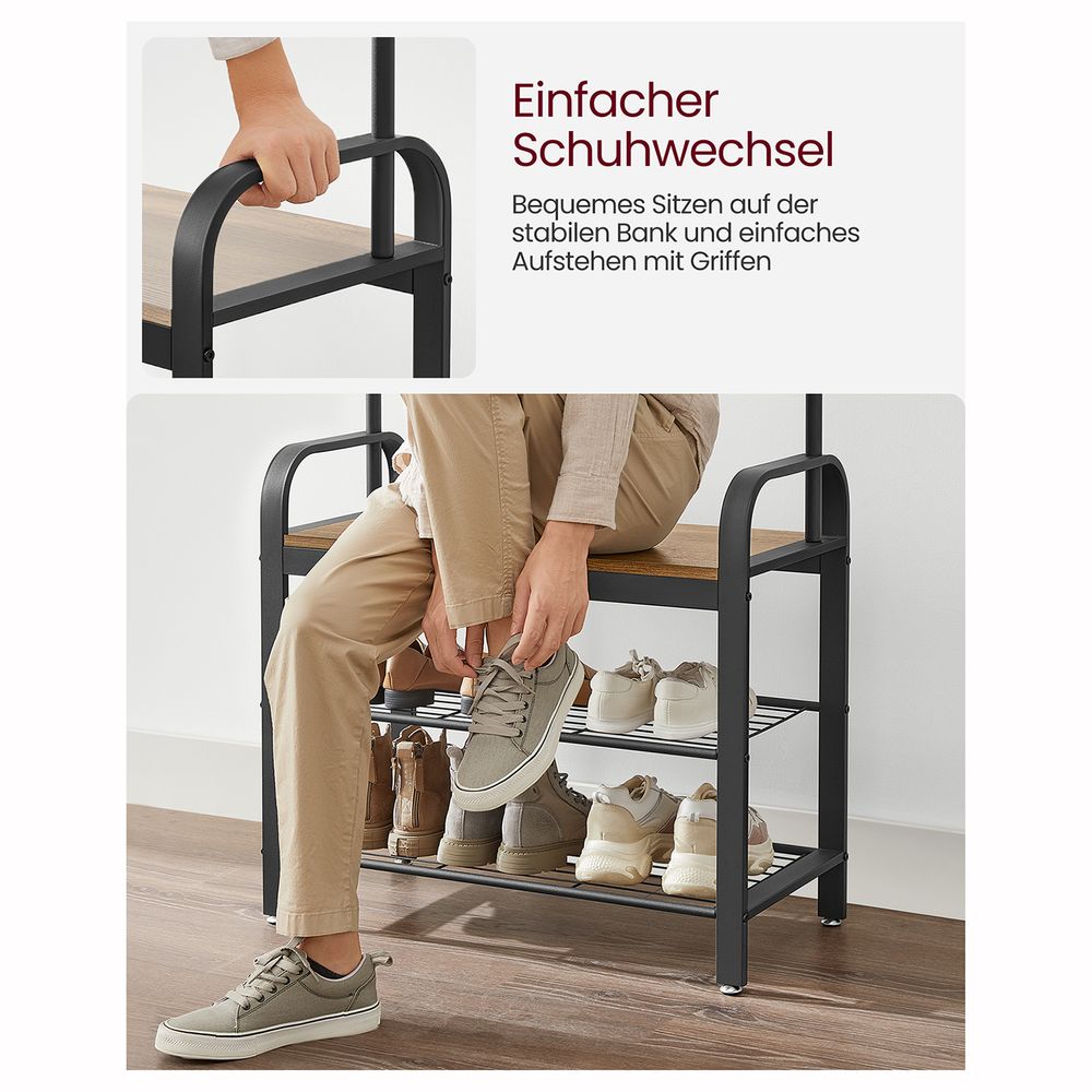 Kapstok met Schoenenrek & Zitbank – Industrieel Hout & Metaal – 9 Haken + Kledingroede – Halmeubel