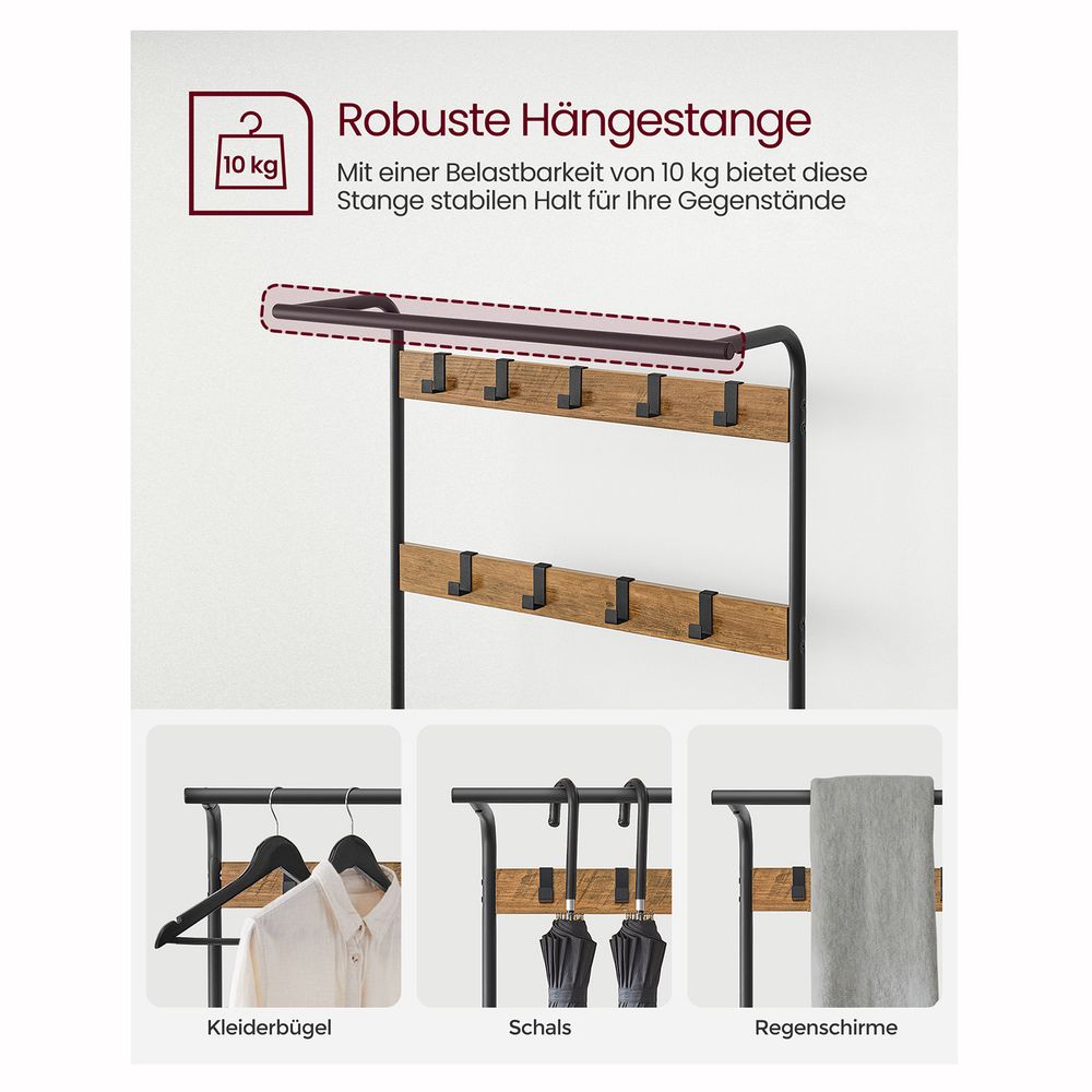 Kapstok met Schoenenrek & Zitbank – Industrieel Hout & Metaal – 9 Haken + Kledingroede – Halmeubel