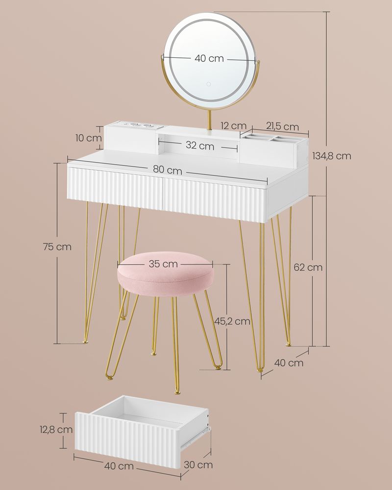 Kaptafel met Kruk - LED Verlichte Spiegel - Luxe Make-up Tafel