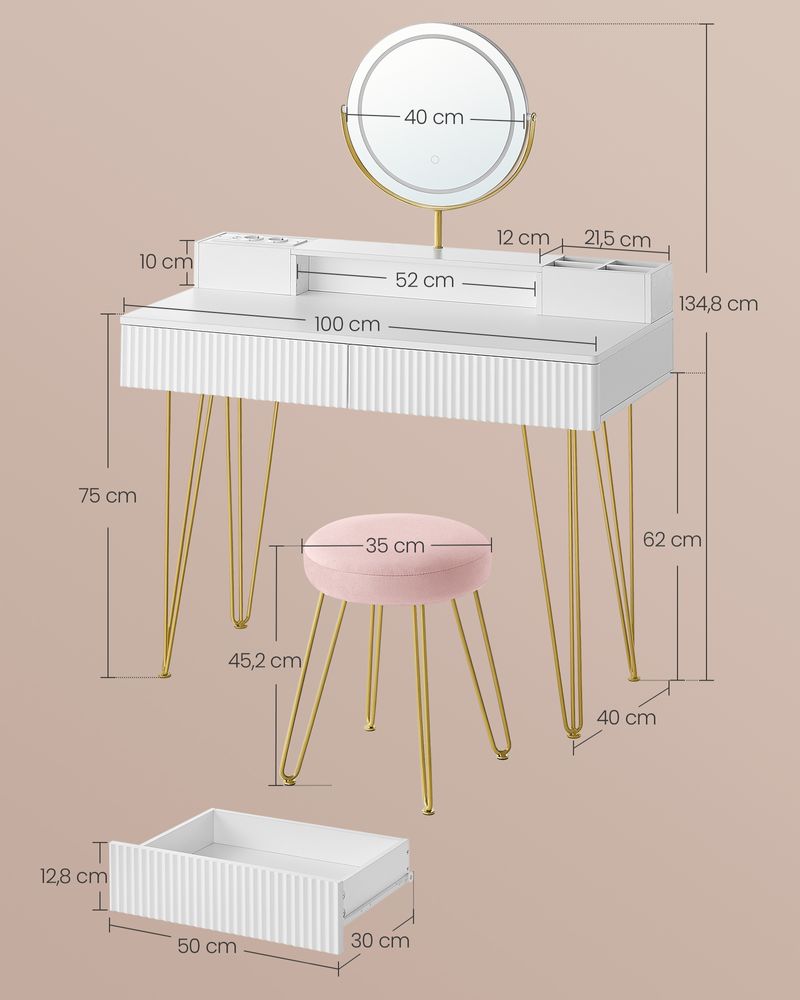 Kaptafel met Kruk - LED Verlichte Spiegel - Luxe Make-up Tafel