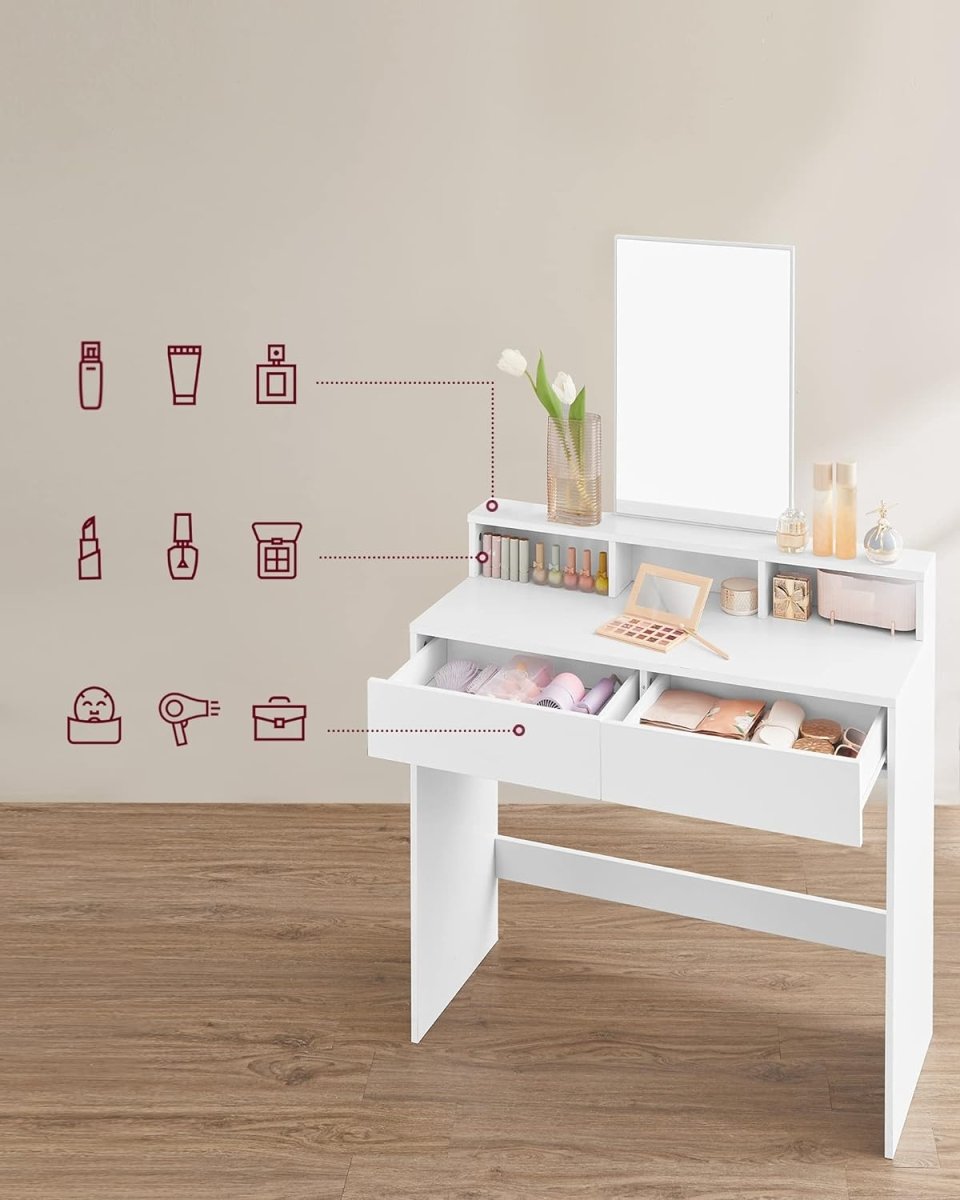 Kaptafel met Spiegel & Laden – Wit – Make-uptafel 80 cm met Houten Poten – voor Slaapkamer