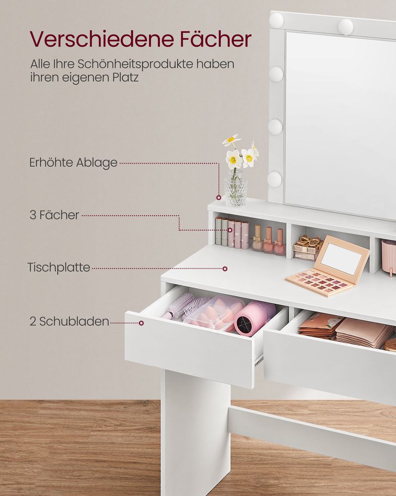 Kaptafel met Verlichting - Make-up tafel - Kaptafel met Lade en Spiegel