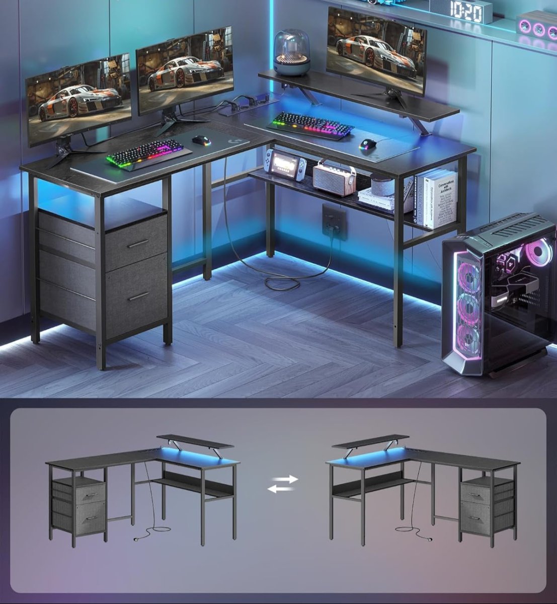 Hoekbureau L-Vormig – Gamebureau – LED-Verlichting – USB & Stopcontacten