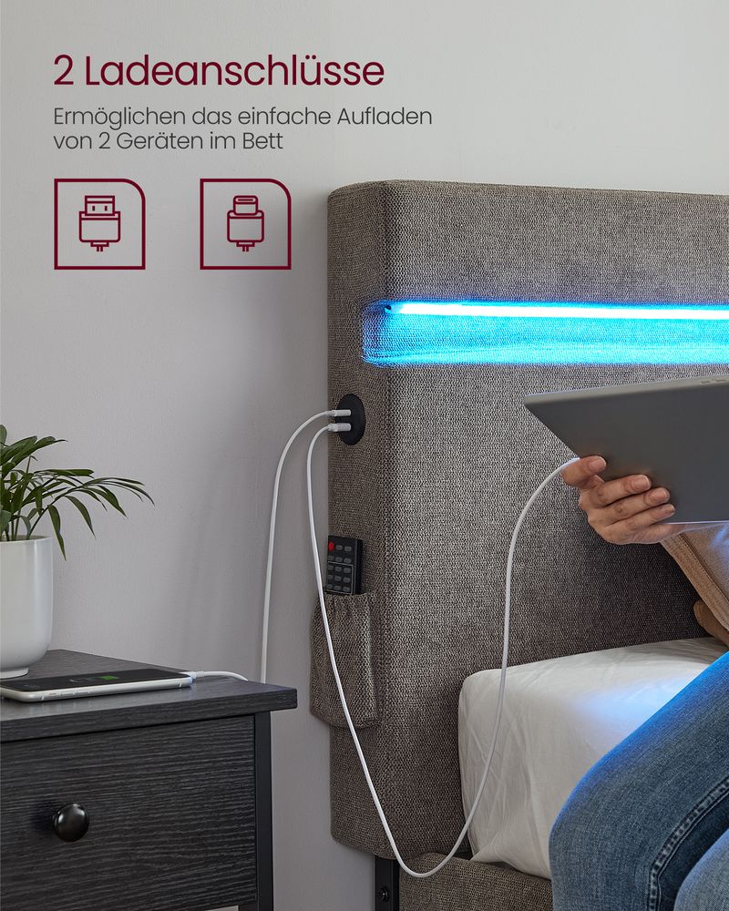 Modern bedframe met LED-verlichting - USB-oplaadmogelijkheden en opbergruimte