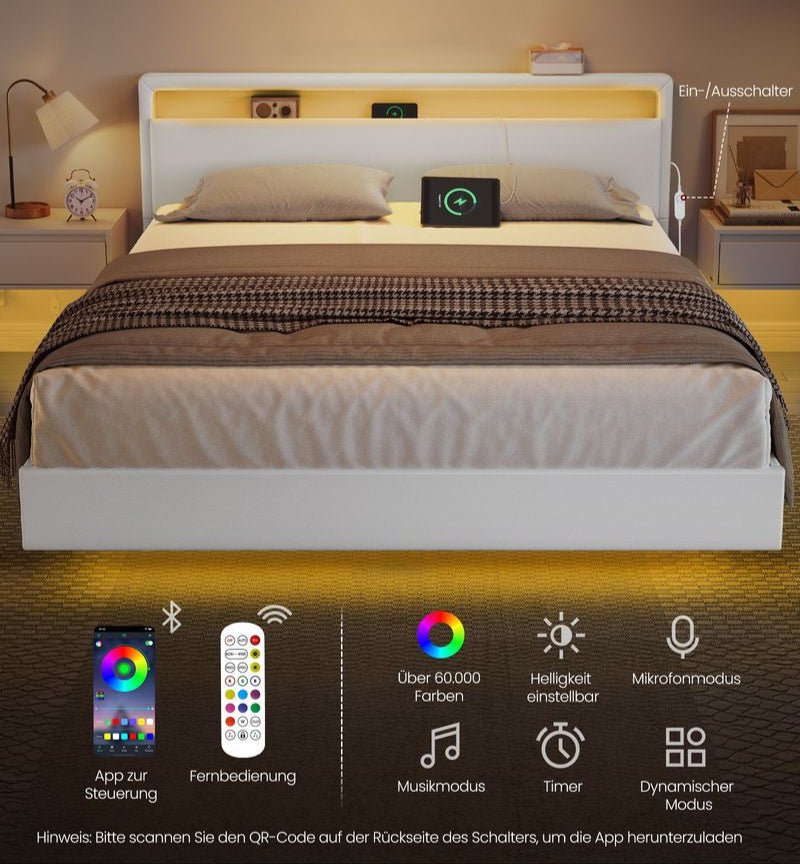 Modern bedframe met zweef-effect en LED-verlichting - Ingebouwde USB-aansluiting