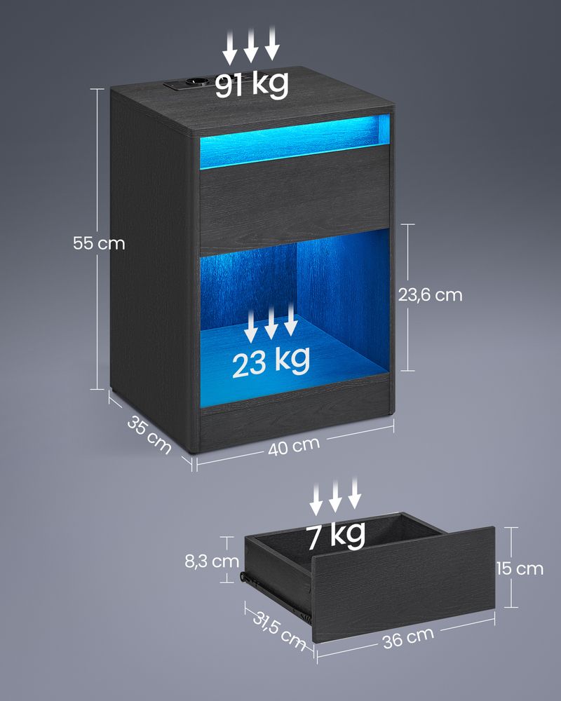 Moderne Nachtkast met LED-Verlichting en Stopcontacten - USB-aansluiting