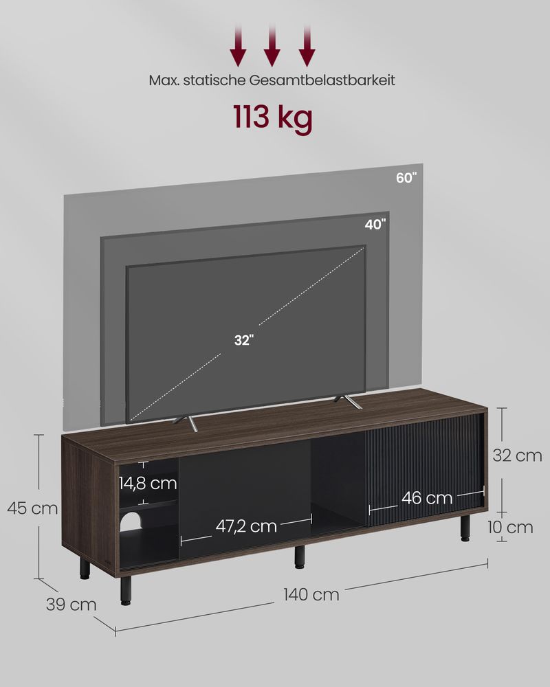 TV-meubel voor TV tot 60 inch – Modern Zwart/Wit met Glazen Deur – Toolless Montage – TV-kast met Opbergruimte