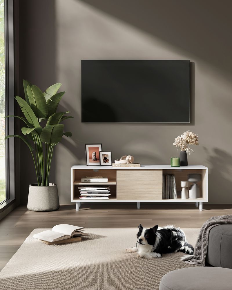 TV-meubel voor TV tot 60 inch – Modern Zwart/Wit met Glazen Deur – Toolless Montage – TV-kast met Opbergruimte
