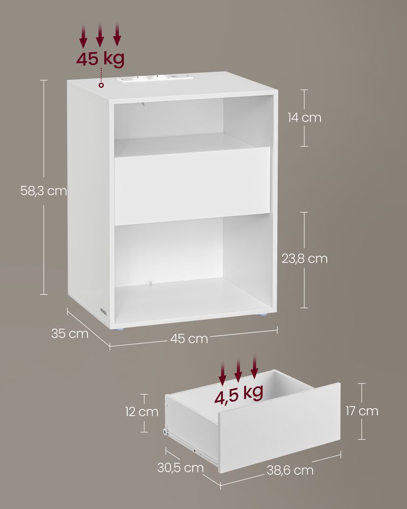 Nachtkastje met Stopcontact & USB – Modern Wit – Met Lade & 2 Open Vakken – Bijzettafel met Oplaadstation