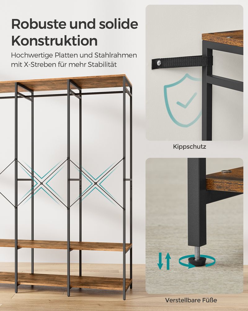 Open kledingkast met metalen frame en houten legplanken