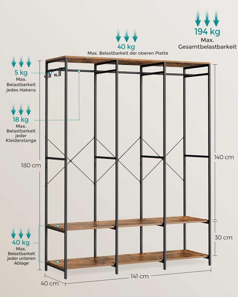 Open kledingkast met metalen frame en houten legplanken