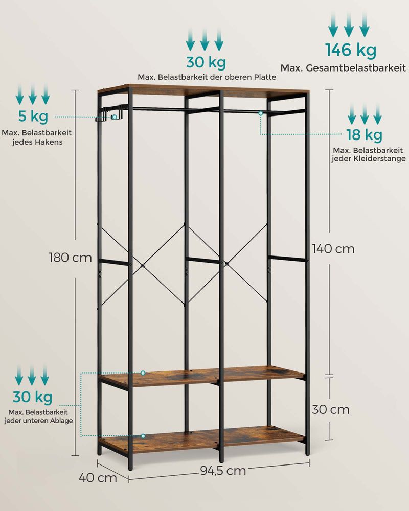 Open kledingkast met metalen frame en houten legplanken