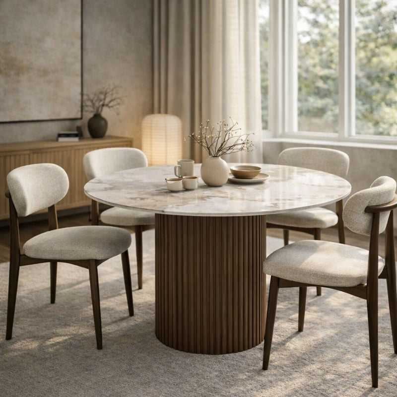 Urban Chique Ronde Eettafel – Keramisch Marmer / Walnootfineer – 120 x 120 x 76 cm – Modern Design – Tijdloze Elegantie