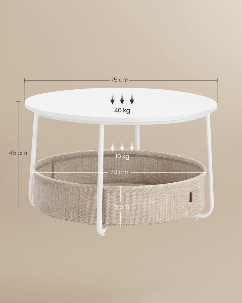 Ronde Salontafel 75 cm met Opbergmand – Stoffen Mand 59 L – Modern met Stalen Poten – voor Woonkamer